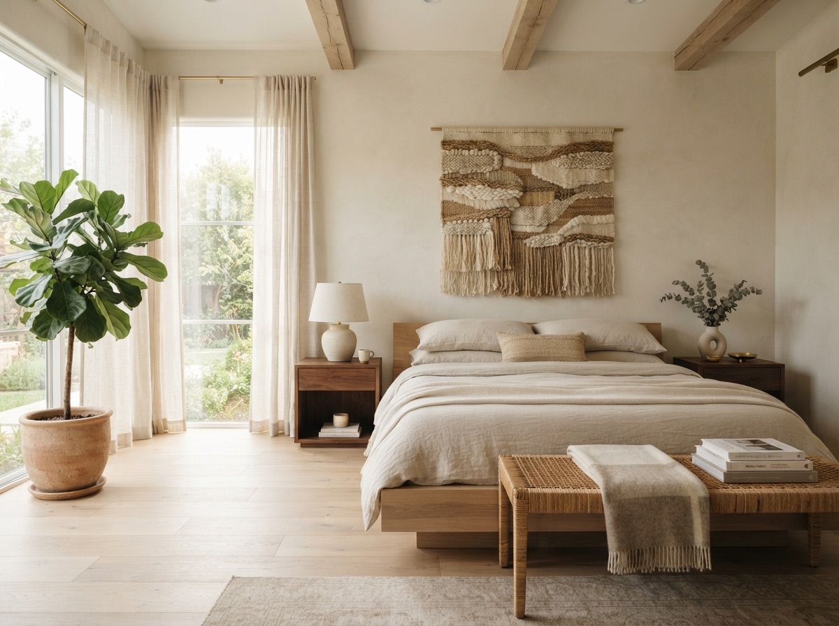 Calm bedroom layered in oatmeal linen with a woven textile over the bed