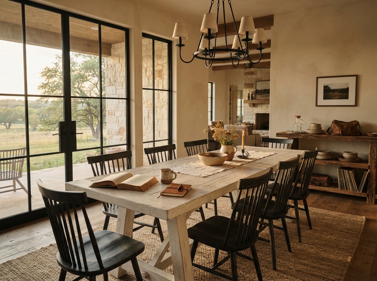 Long dining table with a solid trestle top and black iron light fixture